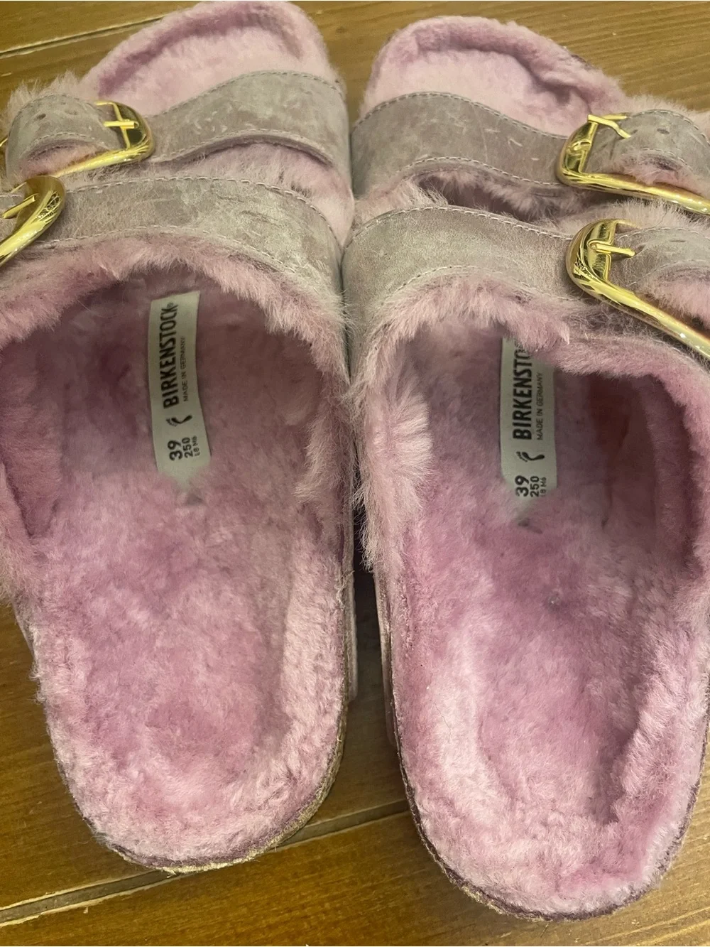 Birkenstock Fuzzy Double-Buckle Slides in Mauve Pink - Picture 3 of 5